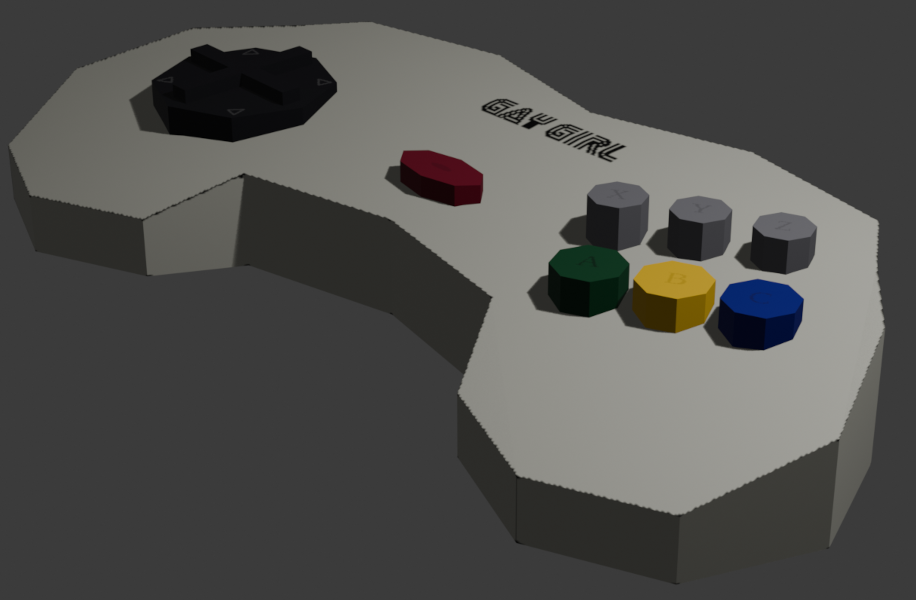 a low poly japanese sega saturn controller the body is cream colored the A button is green, the B button is yellow, the C button is blue, the start button is maroon, the control pad is dark grey and the XYZ buttons are all light grey and where the sega logo would be is text in the sega font that says Gay Girl