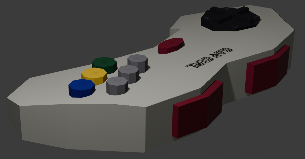 another angle of my low poly japanese sega saturn controller the body is cream colored the A button is green, the B button is yellow, the C button is blue, the start and L/R buttons are maroon, the control pad is dark grey and the XYZ buttons are all light grey and where the sega logo would be is text in the sega font that says Gay Girl