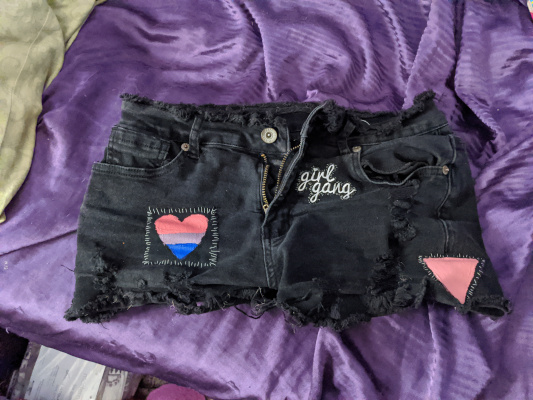 a front view of the shorts with the bi heart on the left, pink triangle on the right and girl gang above that