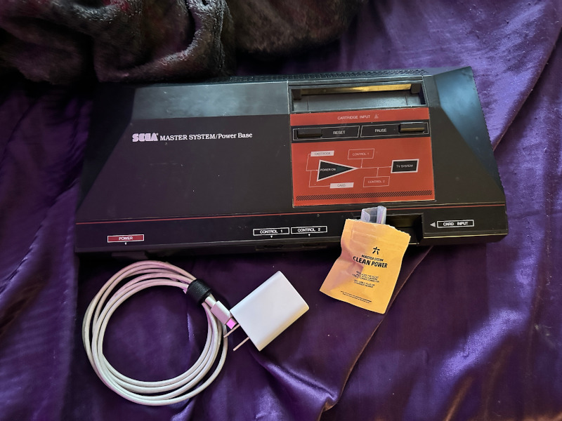 the sega master system with the usb C mod, a usb C cable and a usb power plug