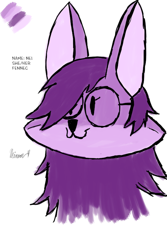 my fursona nei a lavender fur fennec with glasses and purple hair