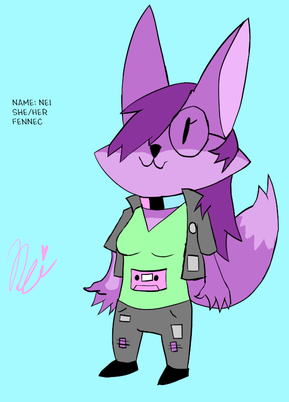 my fursona nei full body, she's wearing a jacket and pants with patches, a pastel green shirt with a pink cassette and a pastel pink and blue collar on