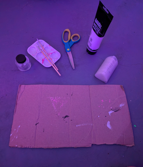 Water cup, Mixing Palette and fine brushes, Scissors, white Acrylic Paint, Chalk and a strip of cardboard