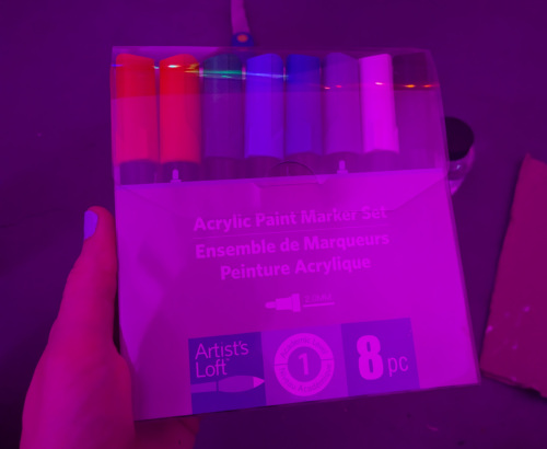 red, yellow, green, light blue, dark blue, purple, white and black Acrylic Markers